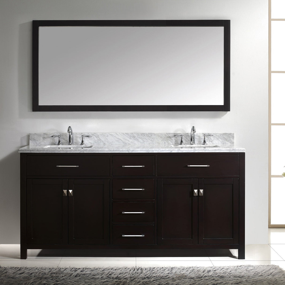 Virtu USA Caroline 72" Double Bath Vanity with White Marble Top and Square Sinks with Polished Chrome Faucets