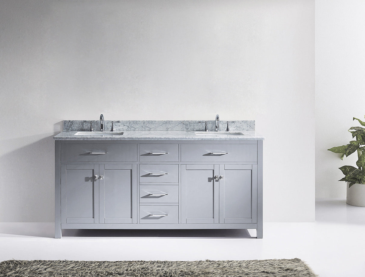 Virtu USA Caroline 72" Double Bath Vanity with White Marble Top and Square Sinks