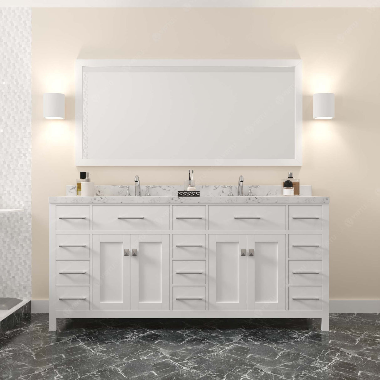 Virtu USA Caroline Parkway 72" Double Bath Vanity with White Quartz Top and Round Sinks with Polished Chrome Faucets with Matching Mirror