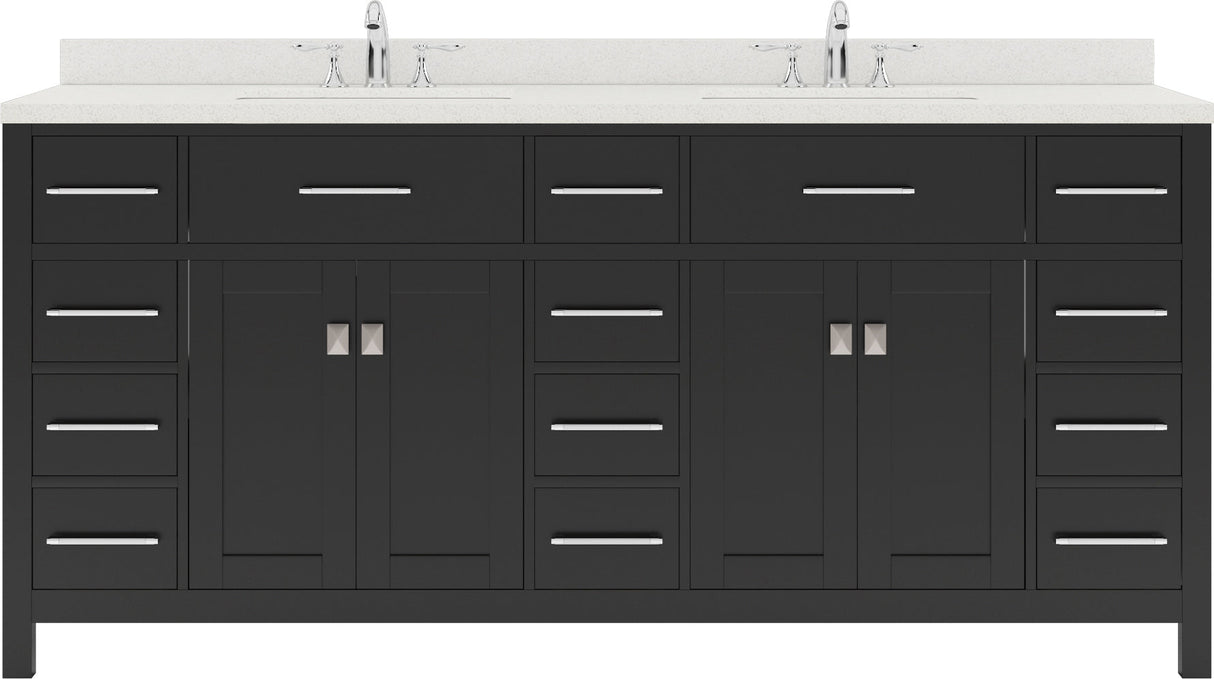 Virtu USA Caroline Parkway 72" Double Bath Vanity with Dazzle White Top and Round Sinks with Polished Chrome Faucets with Matching Mirror