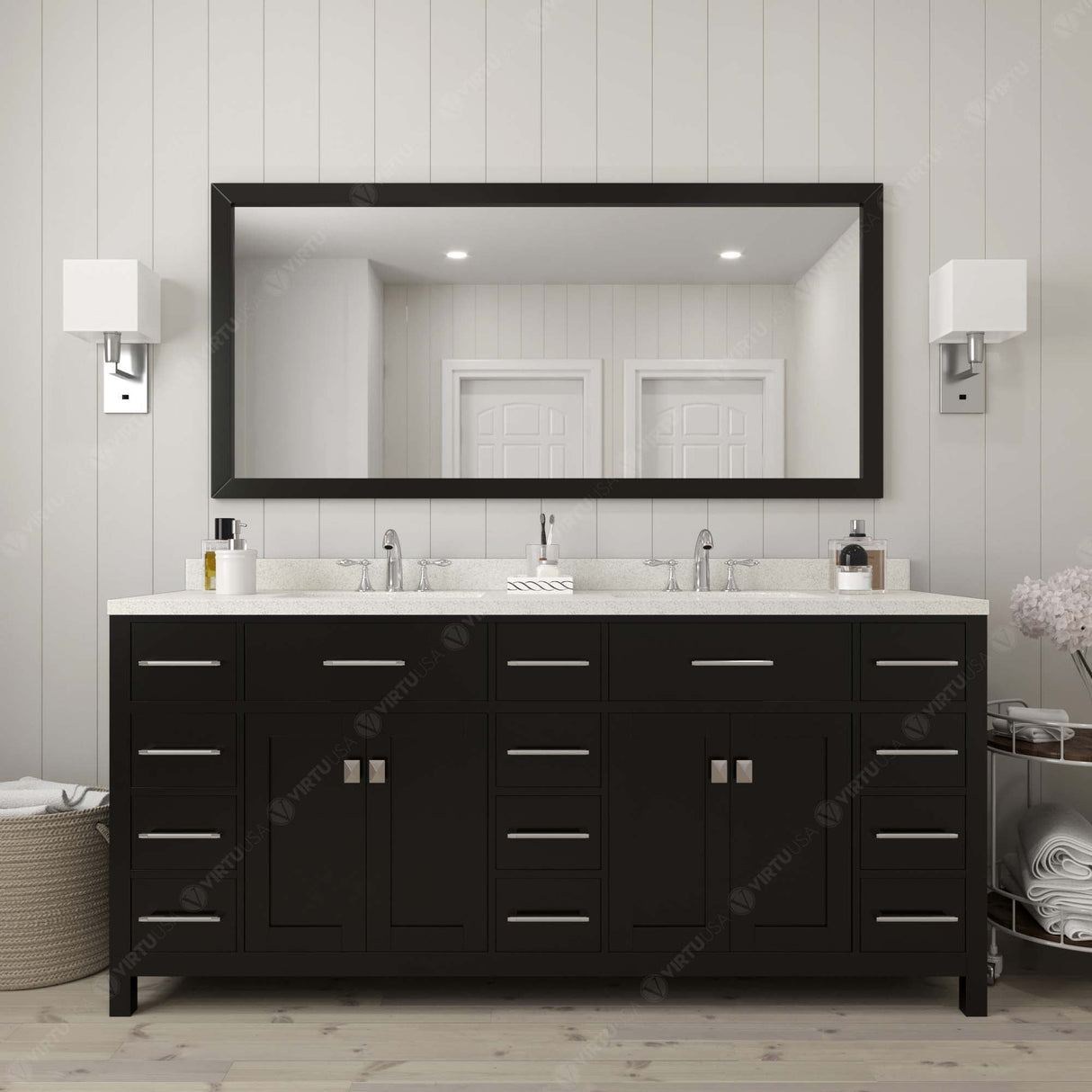 Virtu USA Caroline Parkway 72" Double Bath Vanity with Dazzle White Top and Round Sinks with Polished Chrome Faucets with Matching Mirror