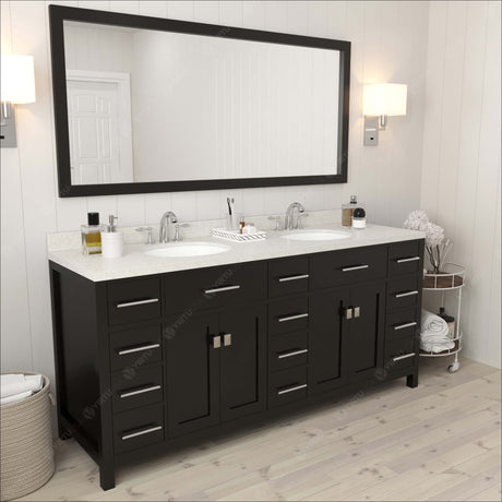 Virtu USA Caroline Parkway 72" Double Bath Vanity with Dazzle White Top and Round Sinks with Polished Chrome Faucets with Matching Mirror