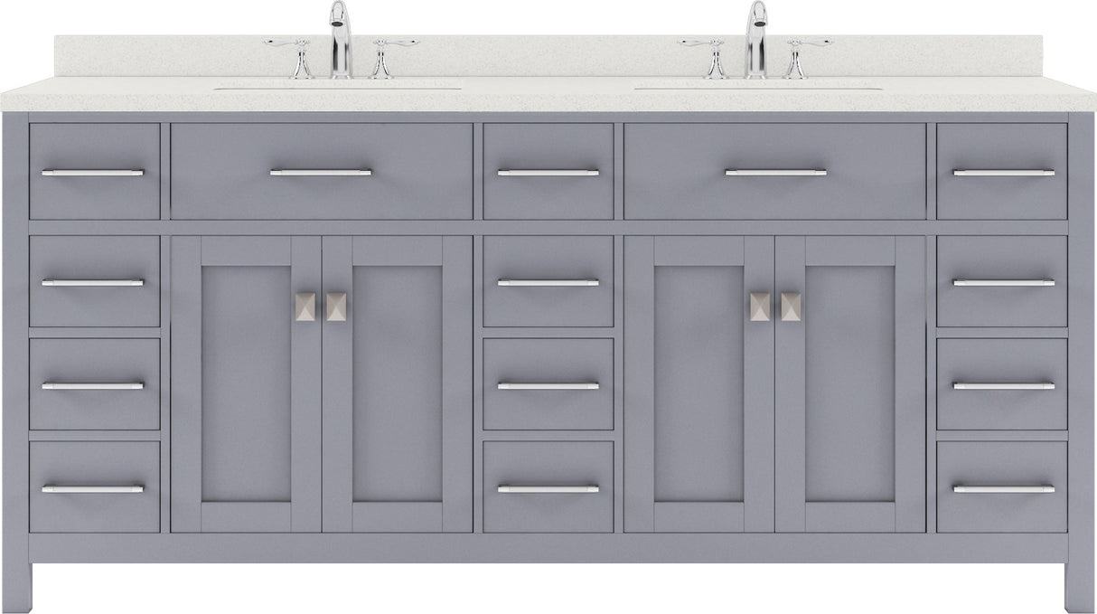 Virtu USA Caroline Parkway 72" Double Bath Vanity with Dazzle White Top and Round Sinks with Polished Chrome Faucets with Matching Mirror