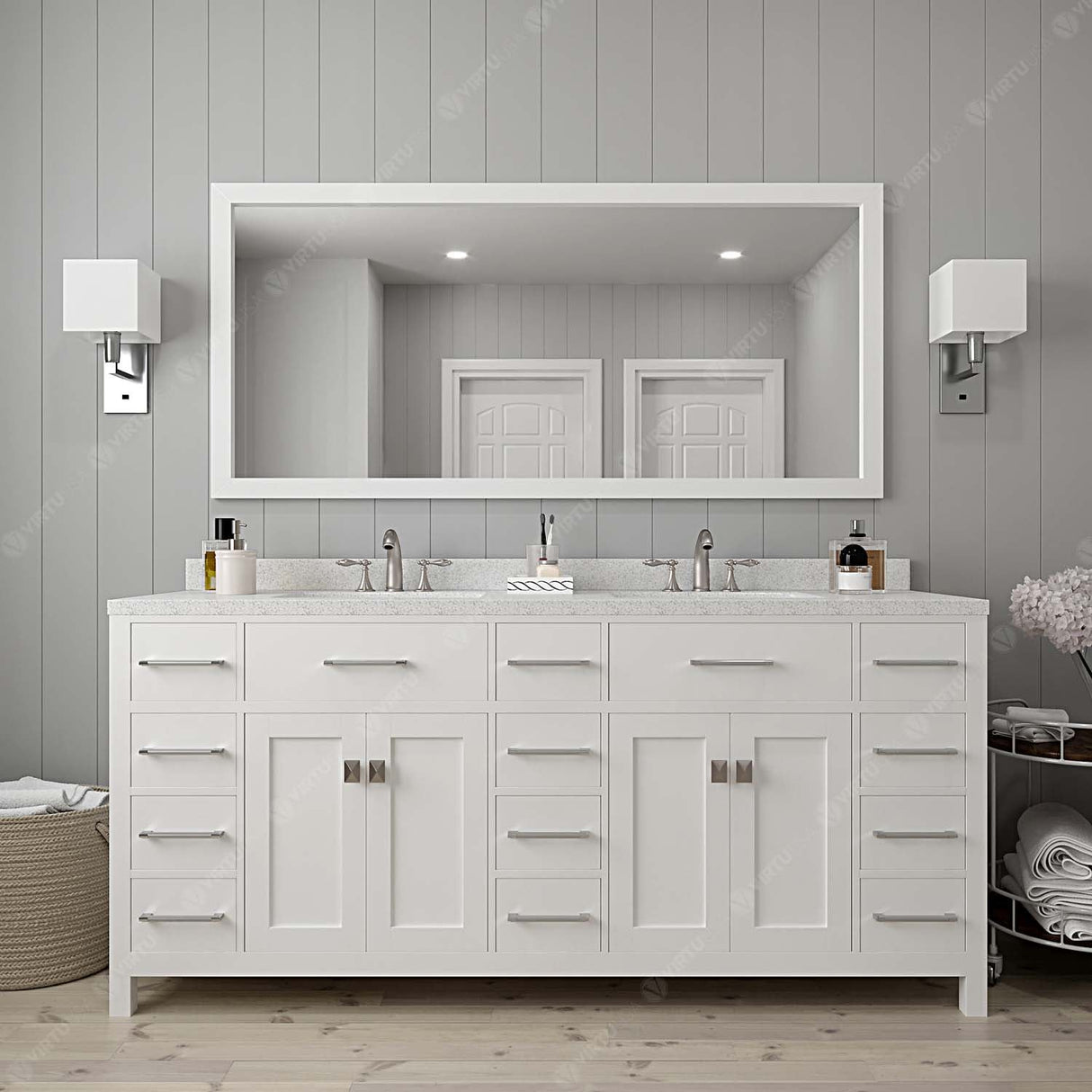 Virtu USA Caroline Parkway 72" Double Bath Vanity with Dazzle White Top and Round Sinks with Polished Chrome Faucets with Matching Mirror