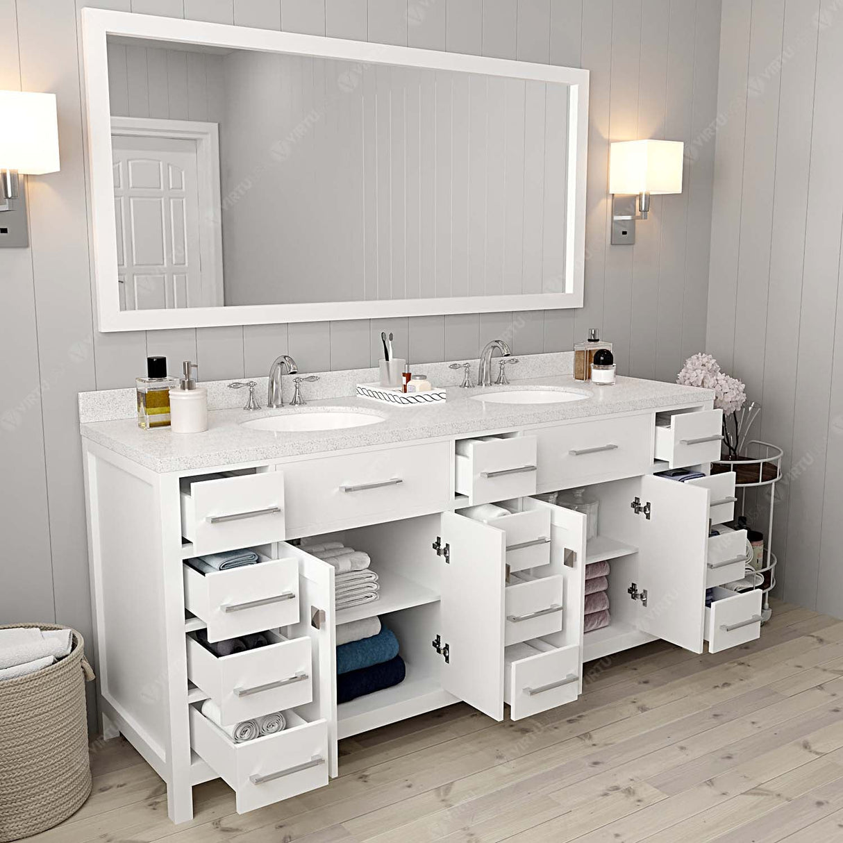 Virtu USA Caroline Parkway 72" Double Bath Vanity with Dazzle White Top and Round Sinks with Polished Chrome Faucets with Matching Mirror