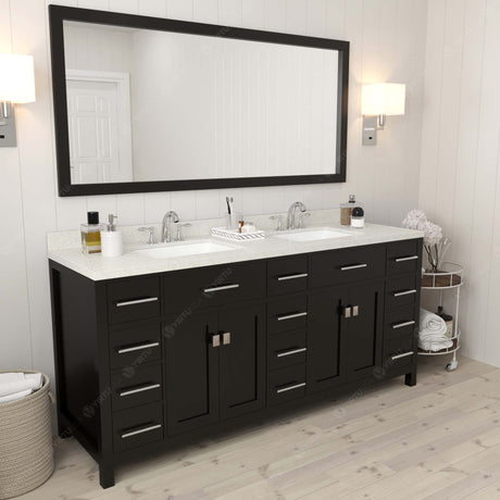 Virtu USA Caroline Parkway 72" Double Bath Vanity with Dazzle White Top and Square Sinks with Brushed Nickel Faucets with Matching Mirror