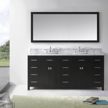 Virtu USA Caroline Parkway 72" Double Bath Vanity with White Marble Top and Square Sinks with Polished Chrome Faucets with Matching Mirror