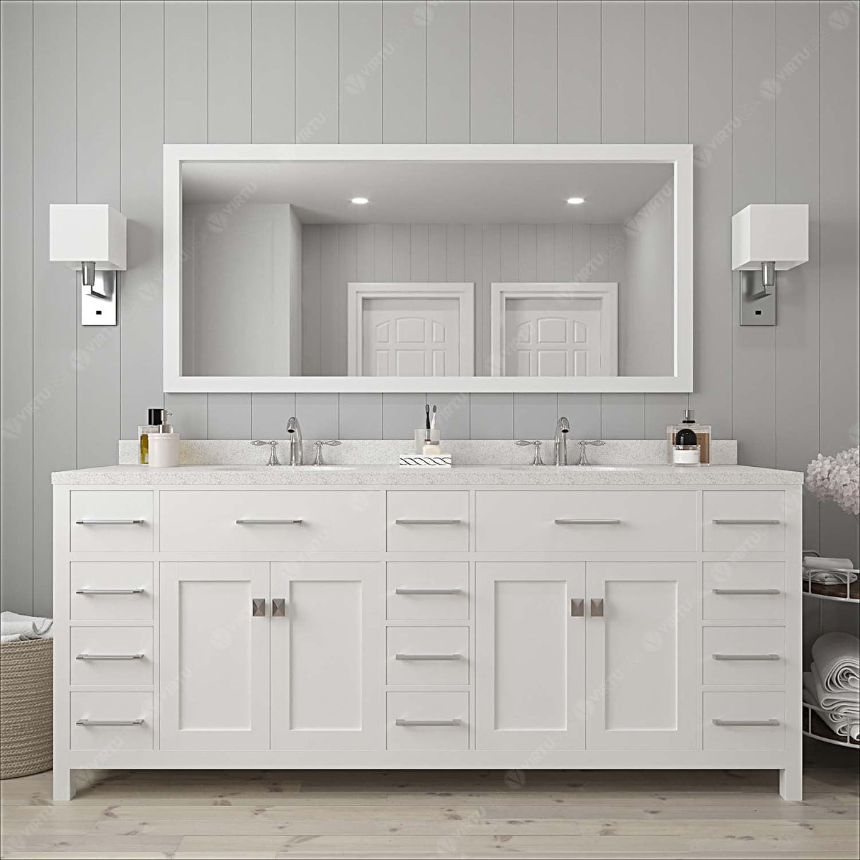 Virtu USA Caroline Parkway 78" Double Bath Vanity with Dazzle White Quartz Top and Square Sinks with Matching Mirror