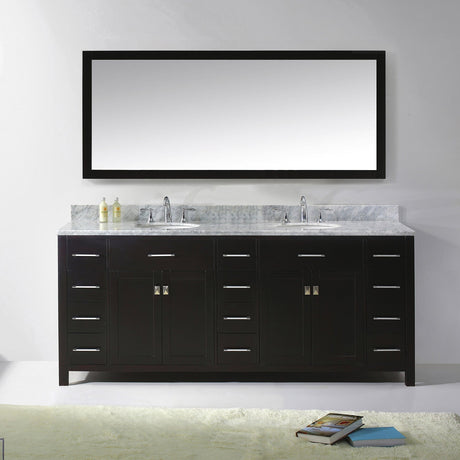 Virtu USA Caroline Parkway 78" Double Bath Vanity with White Marble Top and Round Sinks with Polished Chrome Faucets with Matching Mirror