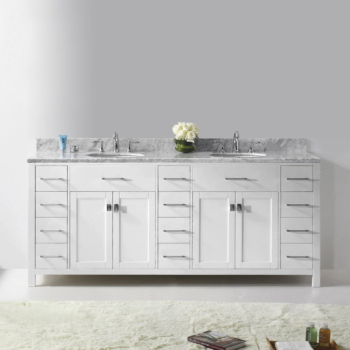 Virtu USA Caroline Parkway 78" Double Bath Vanity with White Marble Top and Round Sinks
