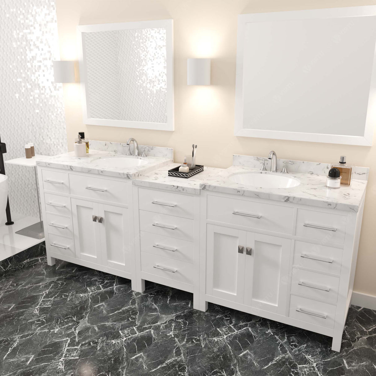 Virtu USA Caroline Parkway 93" Double Bath Vanity with White Quartz Top and Round Sinks with Matching Mirror