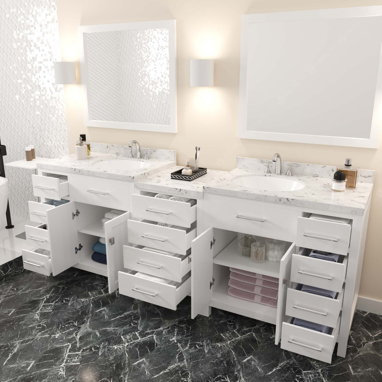 Virtu USA Caroline Parkway 93" Double Bath Vanity with White Quartz Top and Round Sinks with Matching Mirror