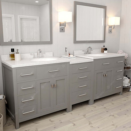 Virtu USA Caroline Parkway 93" Double Bath Vanity with Dazzle White Top and Round Sinks with Matching Mirror