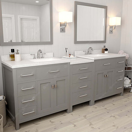 Virtu USA Caroline Parkway 93" Double Bath Vanity with Dazzle White Top and Square Sinks with Polished Chrome Faucets with Matching Mirror