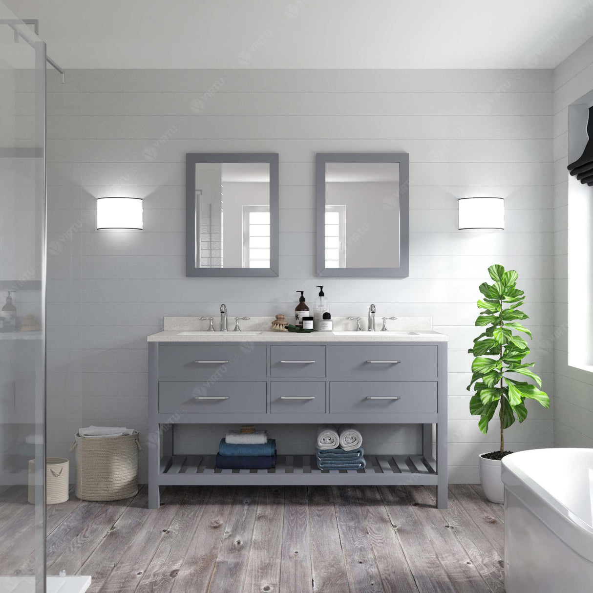 Virtu USA Caroline Estate 60" Double Bath Vanity with Dazzle White Quartz Top and Round Sinks with Matching Mirrors