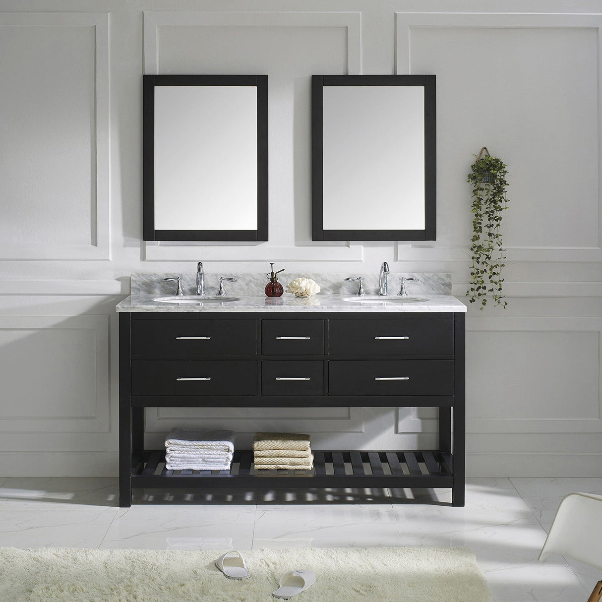 Virtu USA Caroline Estate 60" Double Bath Vanity with White Marble Top and Round Sinks with Matching Mirrors
