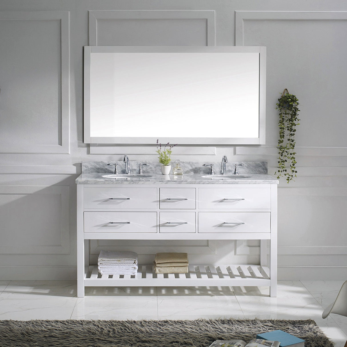 Virtu USA Caroline Estate 60" Double Bath Vanity with White Marble Top and Round Sinks with Brushed Nickel Faucets with Matching Mirror