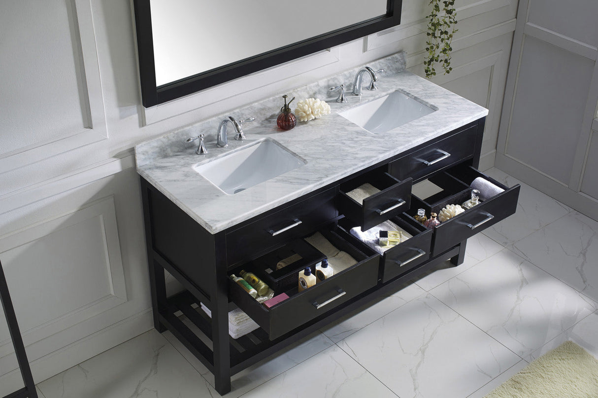 Virtu USA Caroline Estate 60" Double Bath Vanity with White Marble Top and Square Sinks with Matching Mirror