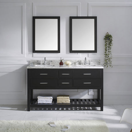 Virtu USA Caroline Estate 60" Double Bath Vanity with White Marble Top and Square Sinks with Polished Chrome Faucets with Matching Mirrors