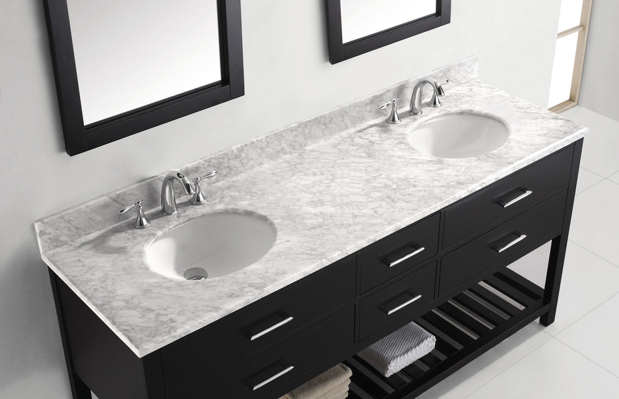Virtu USA Caroline Estate 72" Double Bath Vanity with White Marble Top and Round Sinks with Brushed Nickel Faucets with Matching Mirrors