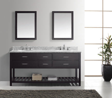 Virtu USA Caroline Estate 72" Double Bath Vanity with White Marble Top and Round Sinks with Polished Chrome Faucets with Matching Mirrors