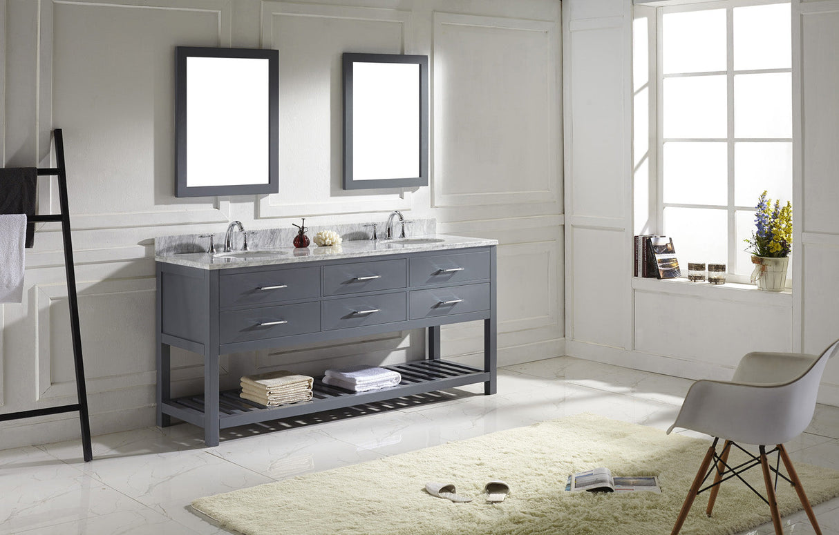 Virtu USA Caroline Estate 72" Double Bath Vanity with White Marble Top and Round Sinks with Polished Chrome Faucets with Matching Mirrors