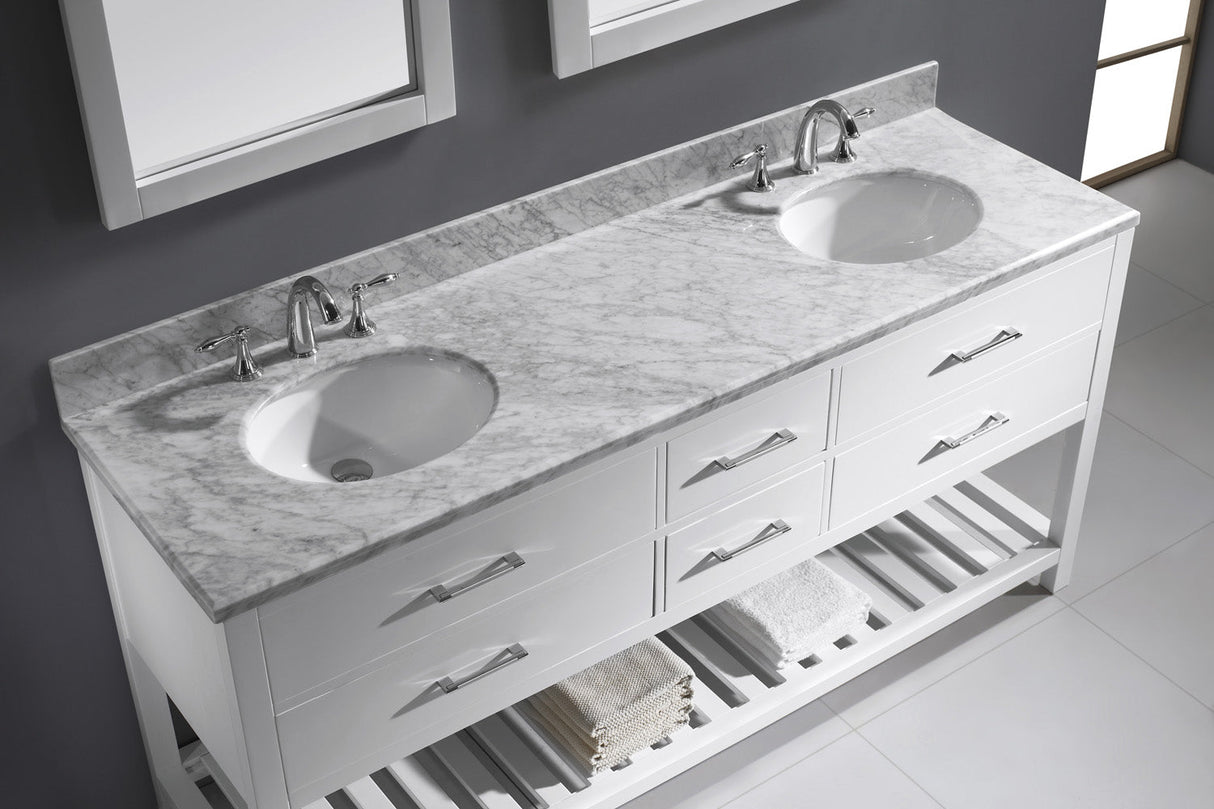 Virtu USA Caroline Estate 72" Double Bath Vanity with White Marble Top and Round Sinks with Brushed Nickel Faucets with Matching Mirrors