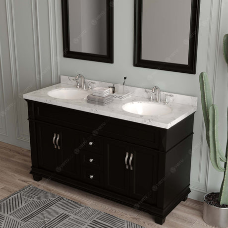 Virtu USA Victoria 60" Double Bath Vanity with White Quartz Top and Round Sinks with Brushed Nickel Faucets with Matching Mirror