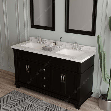 Virtu USA Victoria 60" Double Bath Vanity with Cultured Marble White Top and Round Sinks with Brushed Nickel Faucets with Matching Mirror