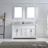 Virtu USA Victoria 60" Double Bath Vanity with White Marble Top and Round Sinks with Brushed Nickel Faucets with Matching Mirror