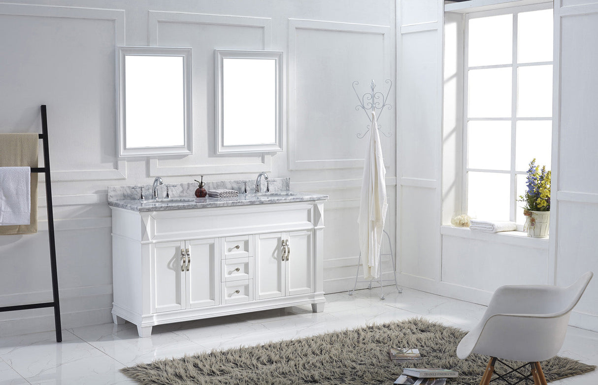 Virtu USA Victoria 60" Double Bath Vanity with White Marble Top and Round Sinks with Polished Chrome Faucets with Matching Mirror