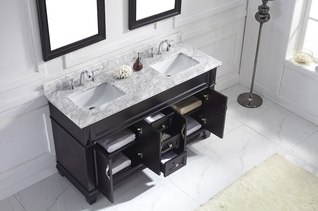 Virtu USA Victoria 60" Double Bath Vanity with White Marble Top and Square Sinks with Brushed Nickel Faucets with Matching Mirror
