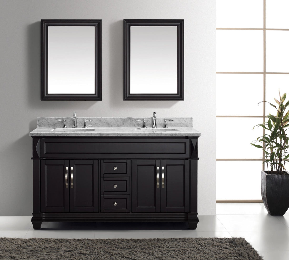 Virtu USA Victoria 60" Double Bath Vanity with White Marble Top and Square Sinks with Brushed Nickel Faucets with Matching Mirror