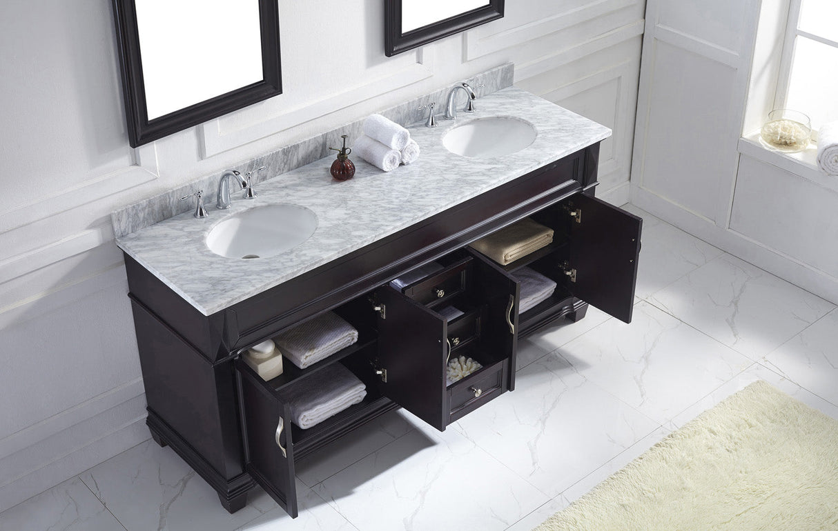 Virtu USA Victoria 72" Double Bath Vanity with White Marble Top and Round Sinks with Brushed Nickel Faucets with Matching Mirror