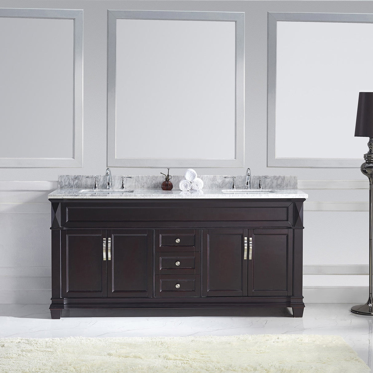 Virtu USA Victoria 72" Double Bath Vanity with White Marble Top and Square Sinks