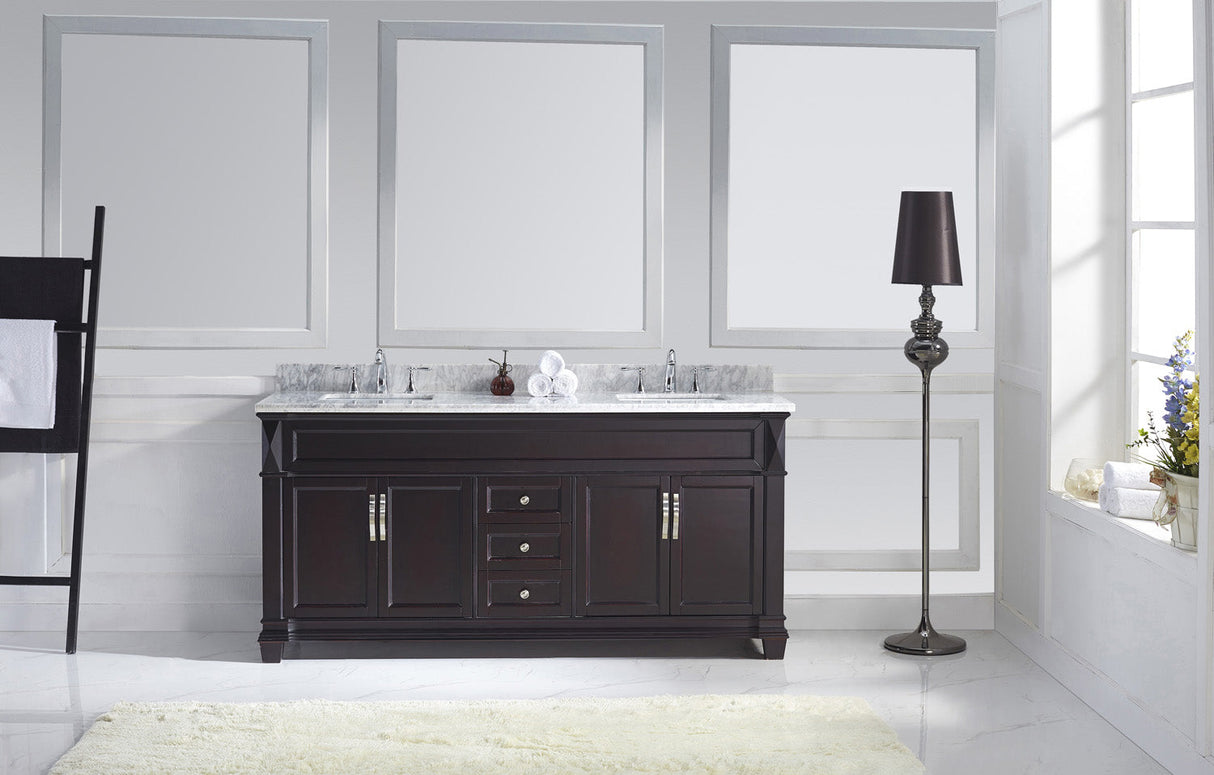 Virtu USA Victoria 72" Double Bath Vanity with White Marble Top and Square Sinks