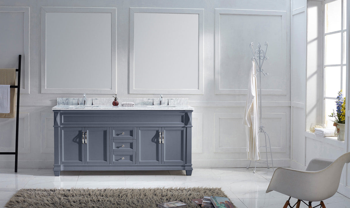 Virtu USA Victoria 72" Double Bath Vanity with White Marble Top and Square Sinks