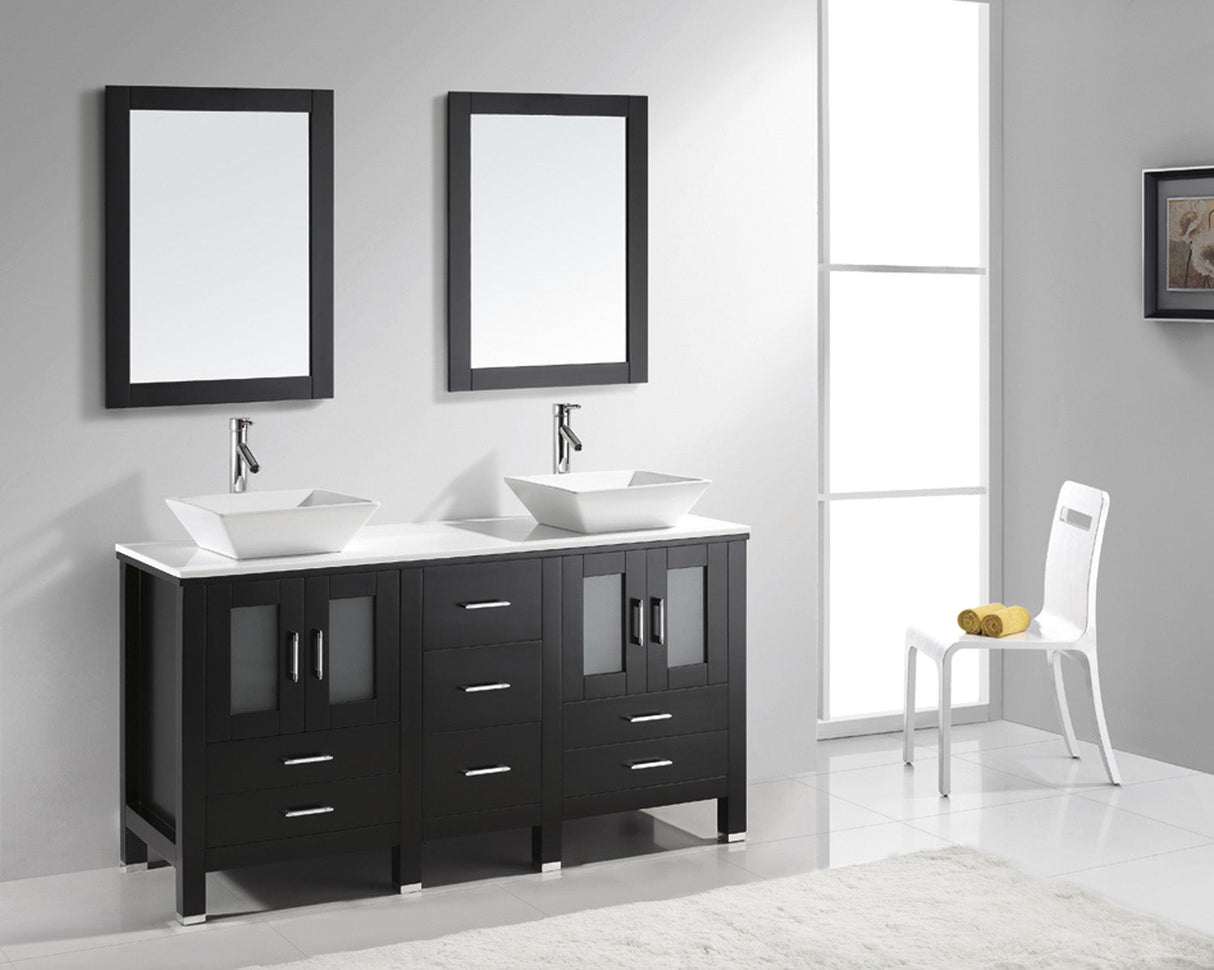 Virtu USA Bradford 60" Double Bath Vanity with White Engineered Stone Top and Square Sinks with Brushed Nickel Faucets with Matching Mirror
