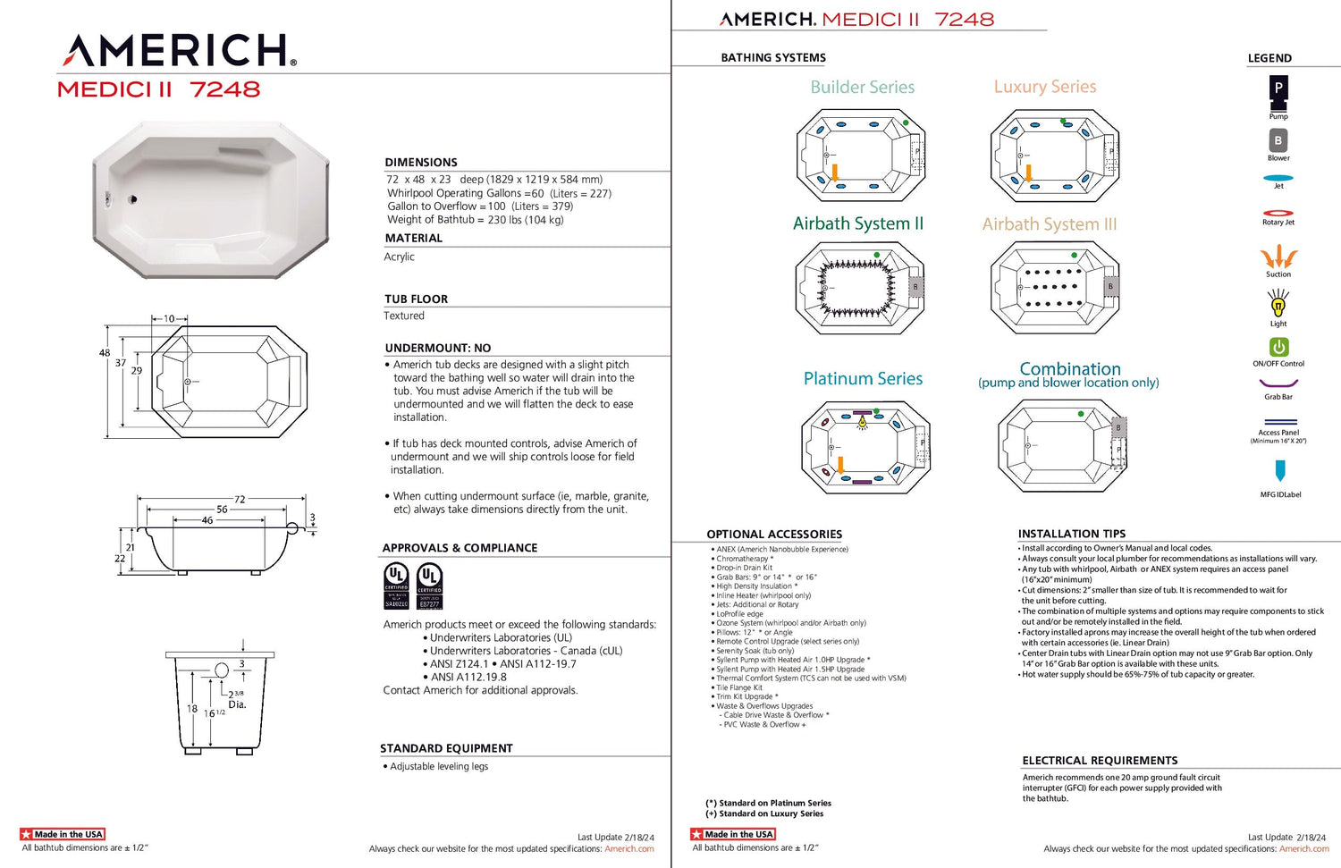 Americh MD7248T2A2-WH Medici II 7248 - Tub Only / Airbath 2 - White