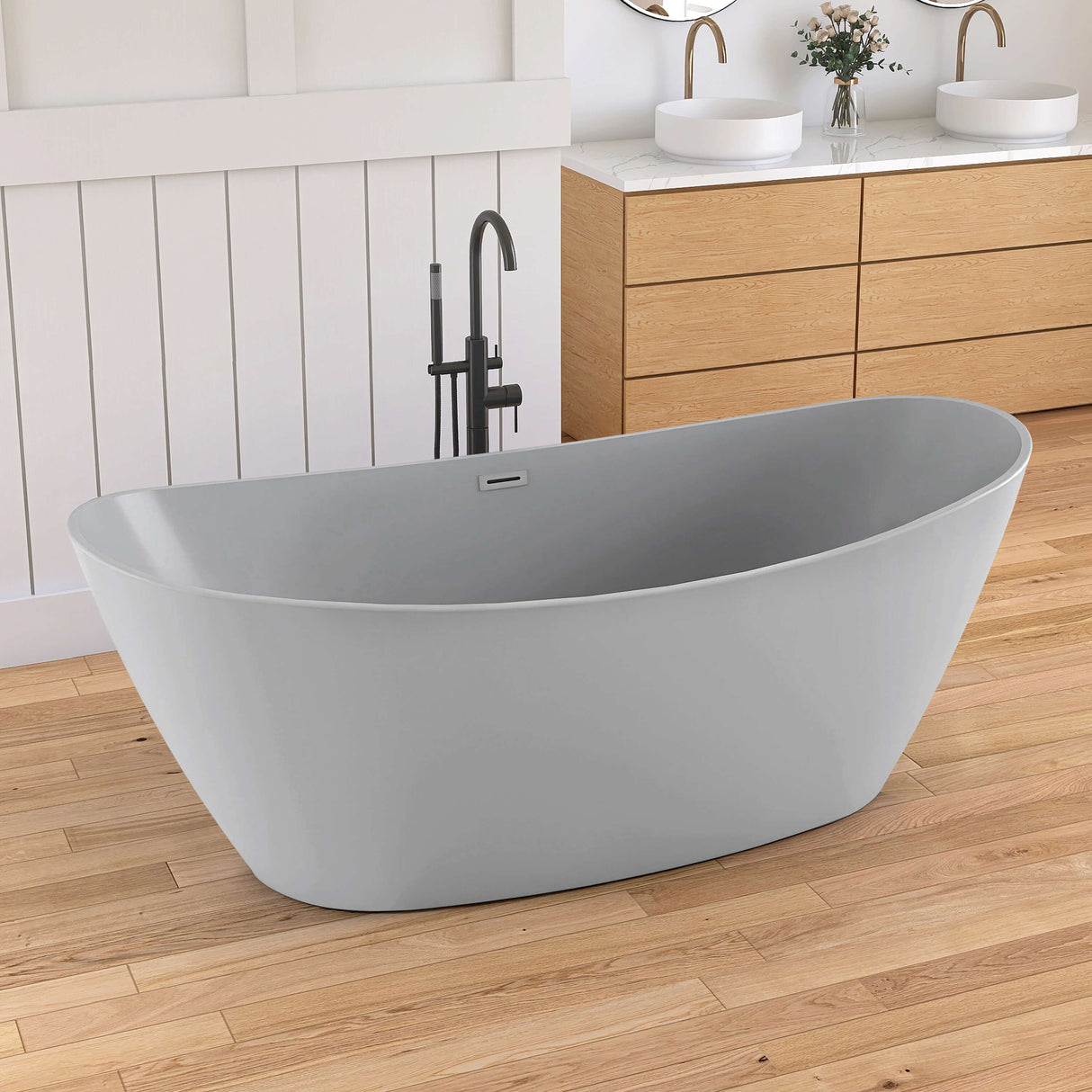New England Home Goods Playa 71" Freestanding Tub in Gray - Stone Resin Solid Surface