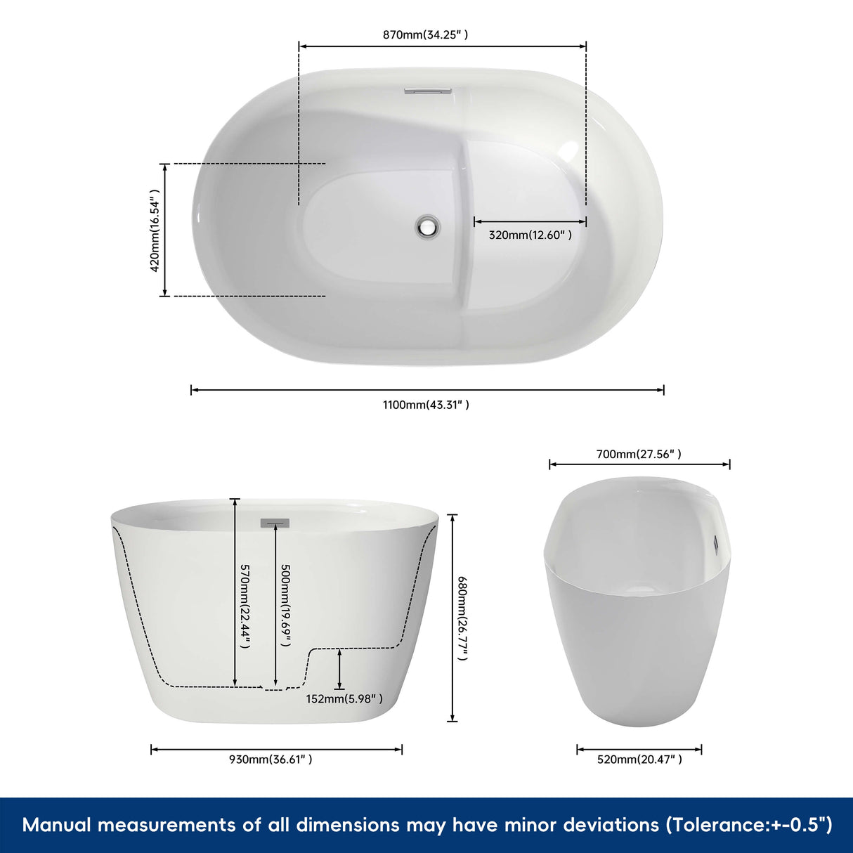 New England Home Goods Navagio 43" Freestanding Tub in White - Acrylic