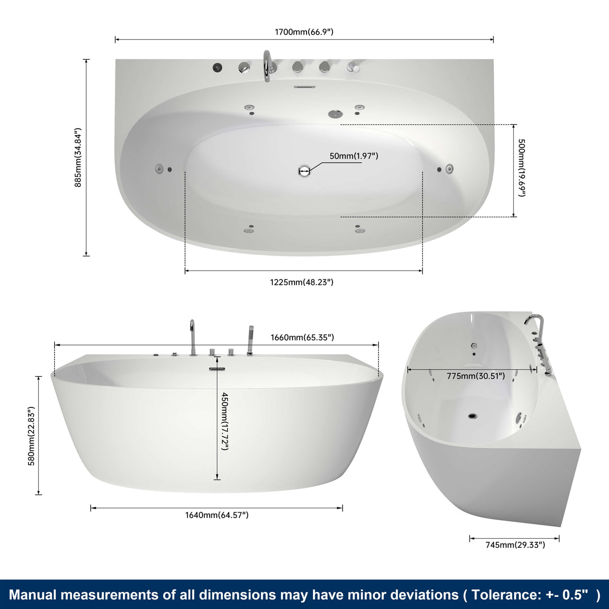 New England Home Goods Toubkal 67" Freestanding Tub in White - Stone Resin Solid Surface