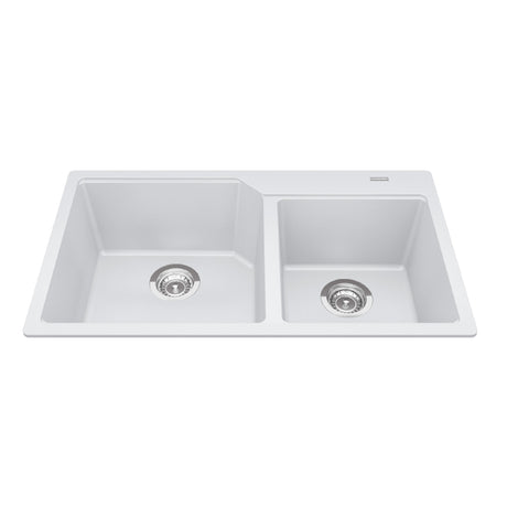 KINDRED MGCM2034-9PWTN Granite Series 33.88-in LR x 19.69-in FB x 9.06-in DP Drop In Double Bowl Granite Kitchen Sink In Polar White