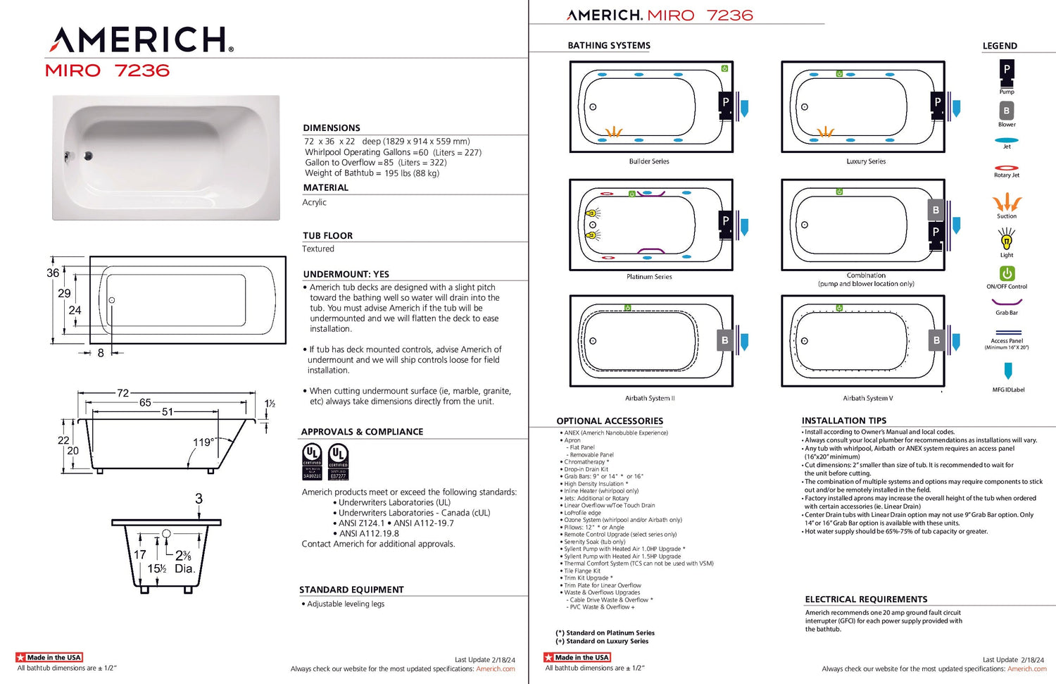 Americh MI7236TA5-BI Miro 7236 - Tub Only / Airbath 5 - Biscuit