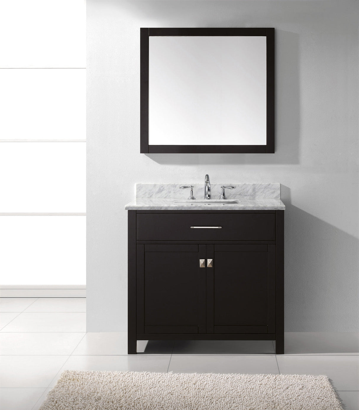 Virtu USA Caroline 36" Single Bath Vanity with White Marble Top and Square Sink with Brushed Nickel Faucet with Matching Mirror