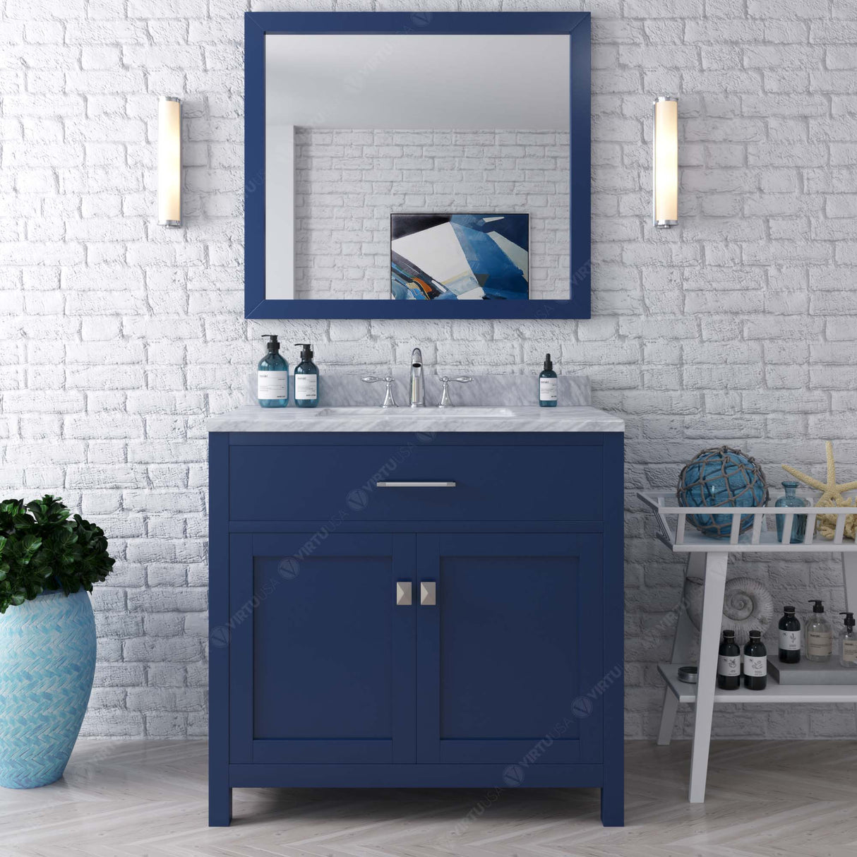 Virtu USA Caroline 36" Single Bath Vanity with White Marble Top and Square Sink with Brushed Nickel Faucet with Matching Mirror
