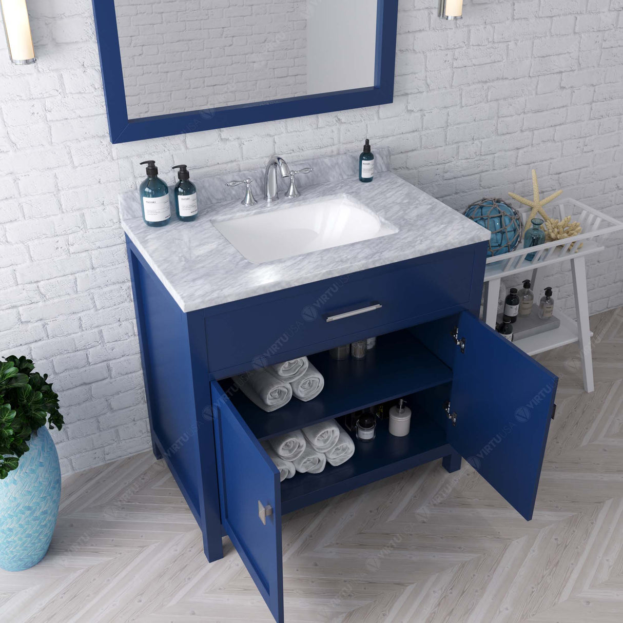 Virtu USA Caroline 36" Single Bath Vanity with White Marble Top and Square Sink with Brushed Nickel Faucet with Matching Mirror