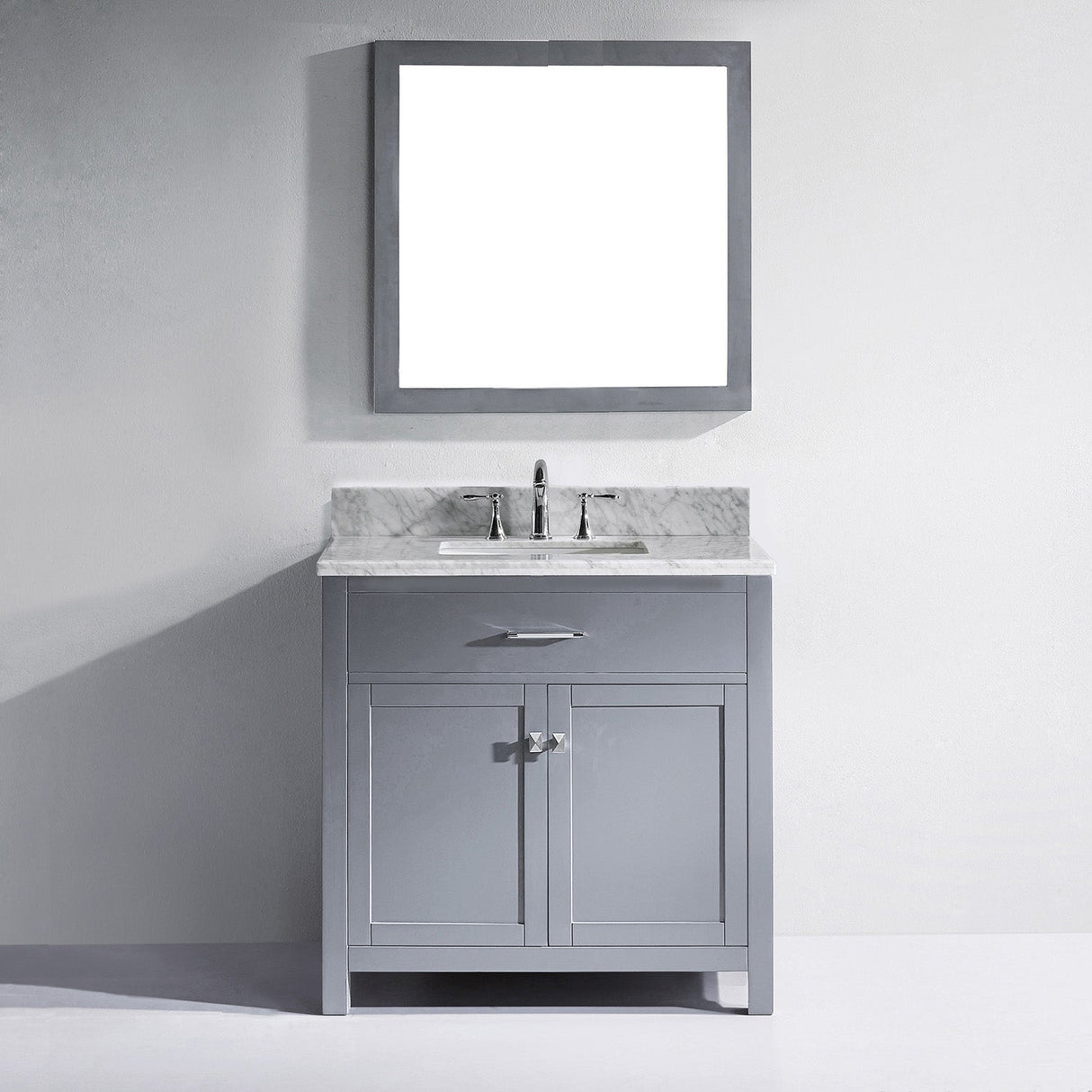 Virtu USA Caroline 36" Single Bath Vanity with White Marble Top and Square Sink with Brushed Nickel Faucet with Matching Mirror