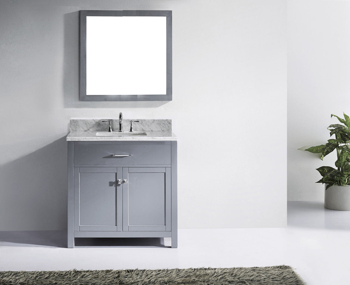 Virtu USA Caroline 36" Single Bath Vanity with White Marble Top and Square Sink with Brushed Nickel Faucet with Matching Mirror