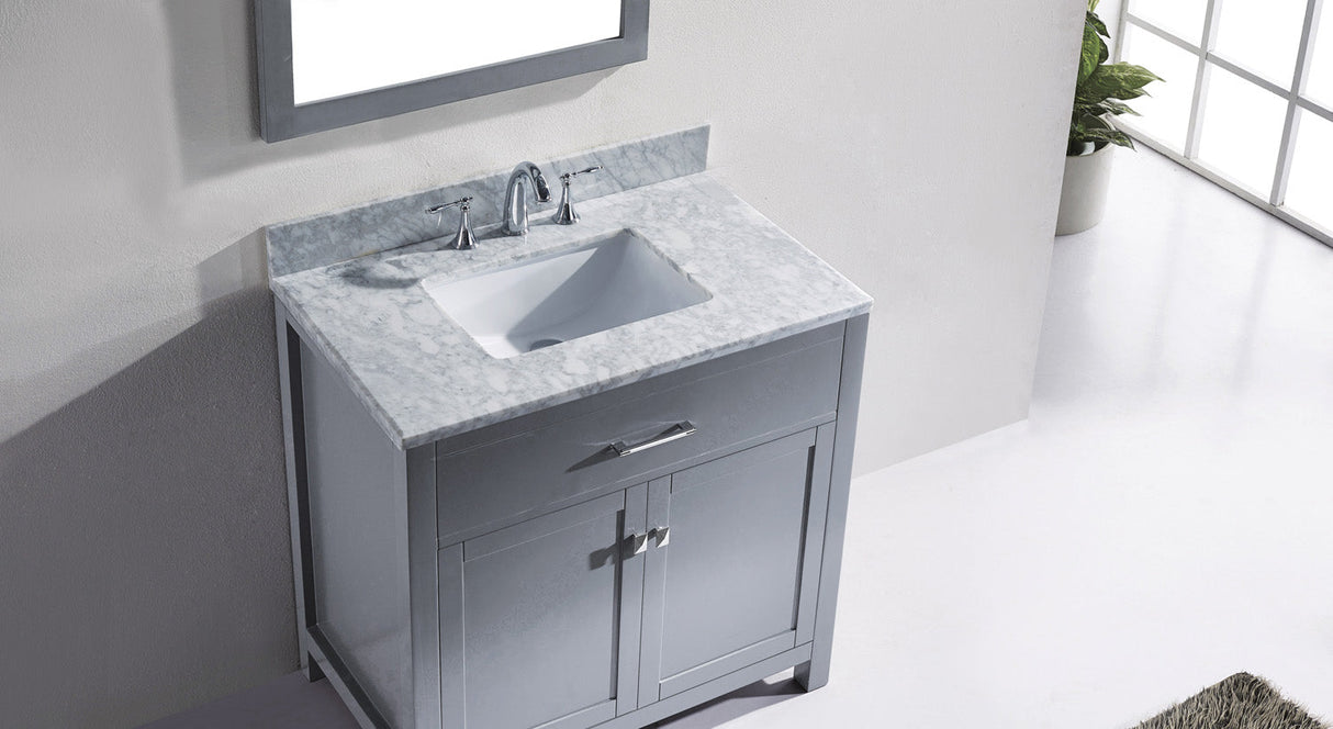 Virtu USA Caroline 36" Single Bath Vanity with White Marble Top and Square Sink with Brushed Nickel Faucet with Matching Mirror
